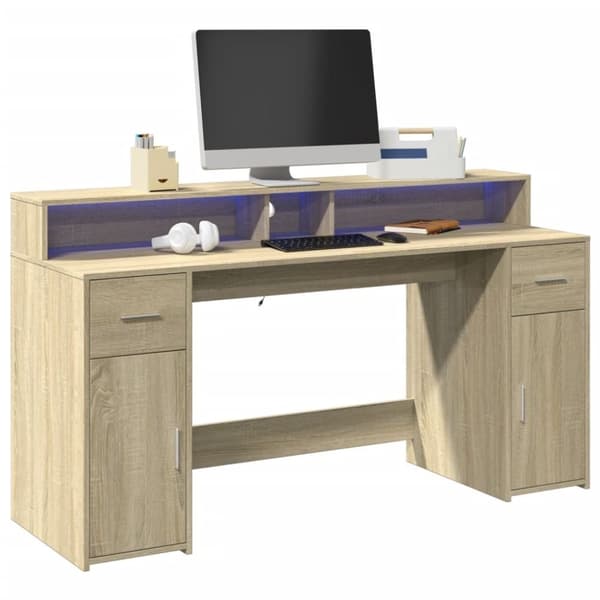 vidaXL Työpöytä LED-valoilla Sonoma-tammi 160x55x91 cm tekninen puu