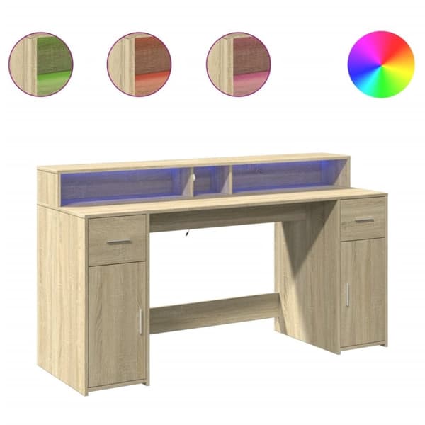 vidaXL Työpöytä LED-valoilla Sonoma-tammi 160x55x91 cm tekninen puu
