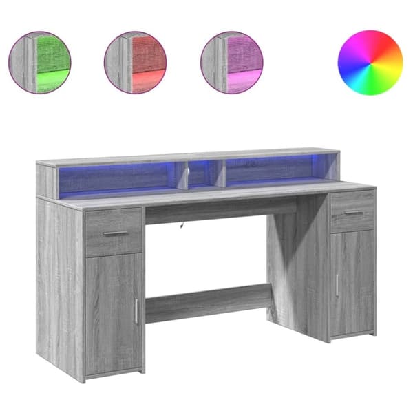 vidaXL Skrivebord med LED-lys grå sonoma 160x55x91 cm konstruert tre
