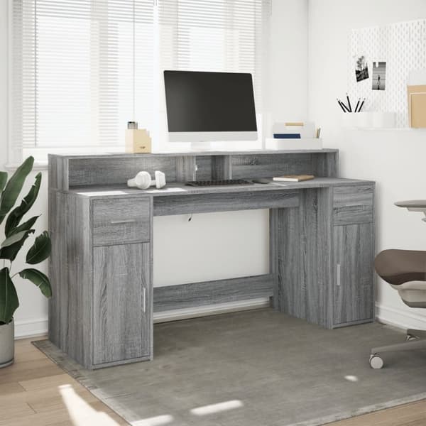 vidaXL Skrivebord med LED-lys grå sonoma 160x55x91 cm konstruert tre