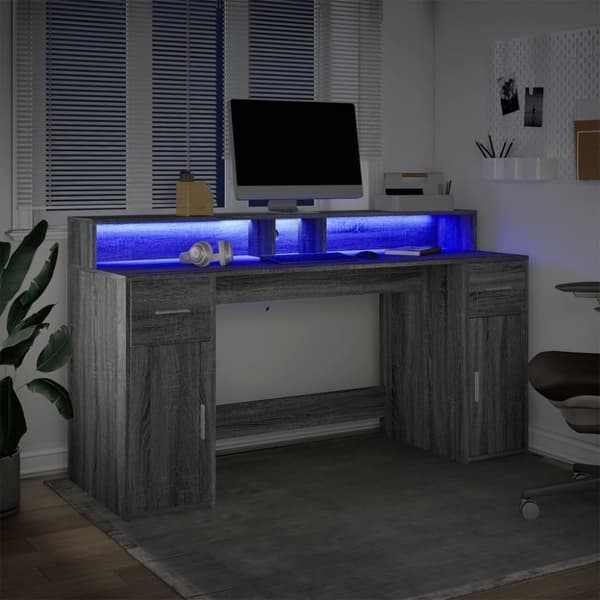 vidaXL Skrivebord med LED-lys grå sonoma 160x55x91 cm konstruert tre