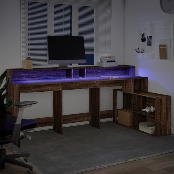 vidaXL Skrivbord med LED brun ek 200x104x91 cm konstruerat trä