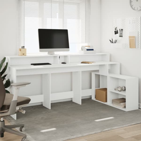 vidaXL Työpöytä LED-valoilla valkoinen 200x104x91 cm tekninen puu