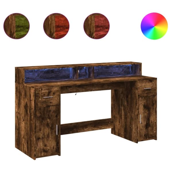 vidaXL Skrivebord med LED-lys røkt eik 160x55x91 cm konstruert tre