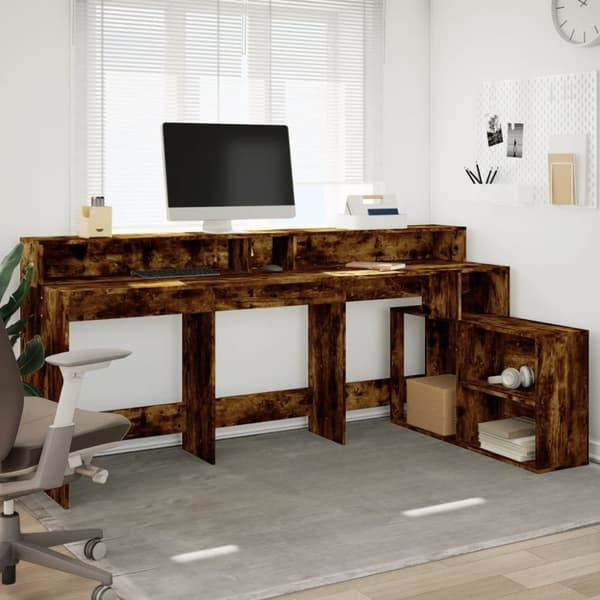 vidaXL Skrivebord med LED-lys røkt eik 200x104x91 cm konstruert tre