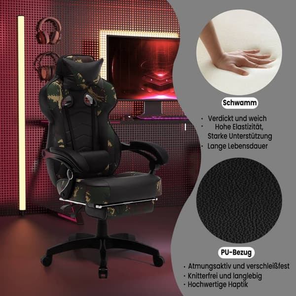 Rootz Gaming Chair - Kontorstol - Racerstol - Justerbar i højden og tilbagelænet - Ergonomisk design - 121-128cm x 56cm x 46cm