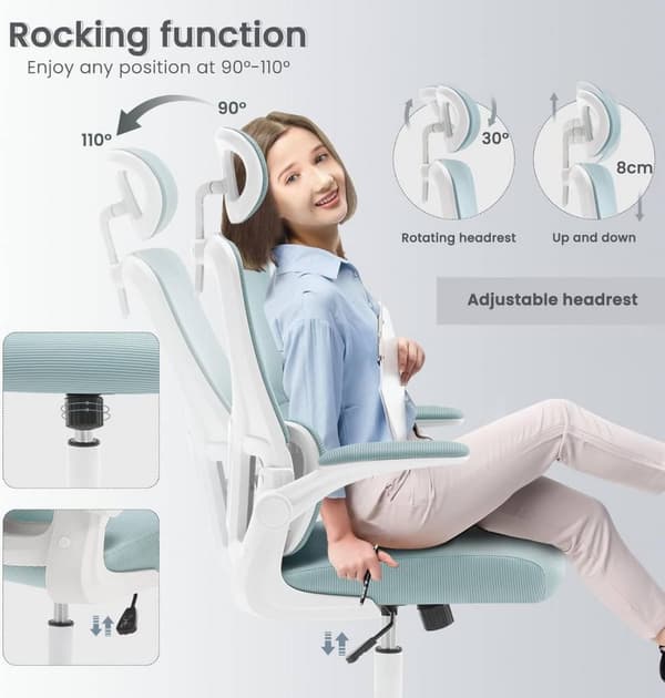 Rootz Ergonomic Office Chair - Mesh Skrivebordsstol - Lændestøtte - Vippefunktion - Justerbar nakkestøtte - 62cm x (116-123,5)cm x 69,5cm
