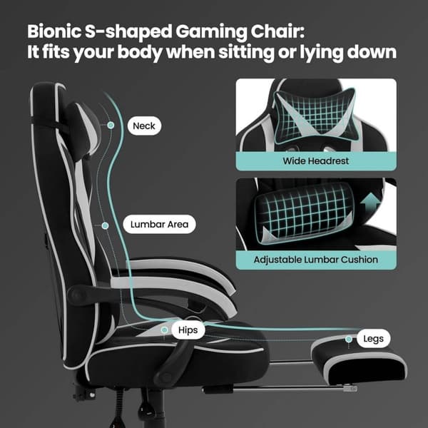 Rootz Gaming stol med fodstøtte - Kontorstol - Justerbart tilbagelænet sæde - Ergonomisk design - Leathaire stof - 55cm x 51cm x 76,5cm