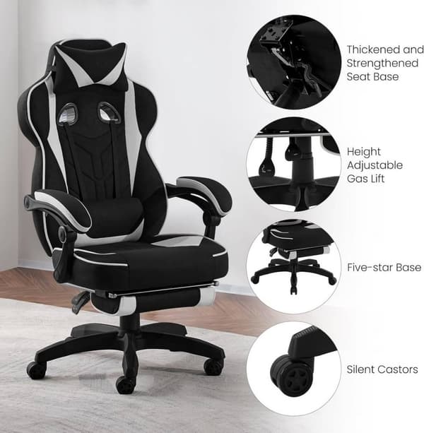 Rootz Gaming stol med fodstøtte - Kontorstol - Justerbart tilbagelænet sæde - Ergonomisk design - Leathaire stof - 55cm x 51cm x 76,5cm