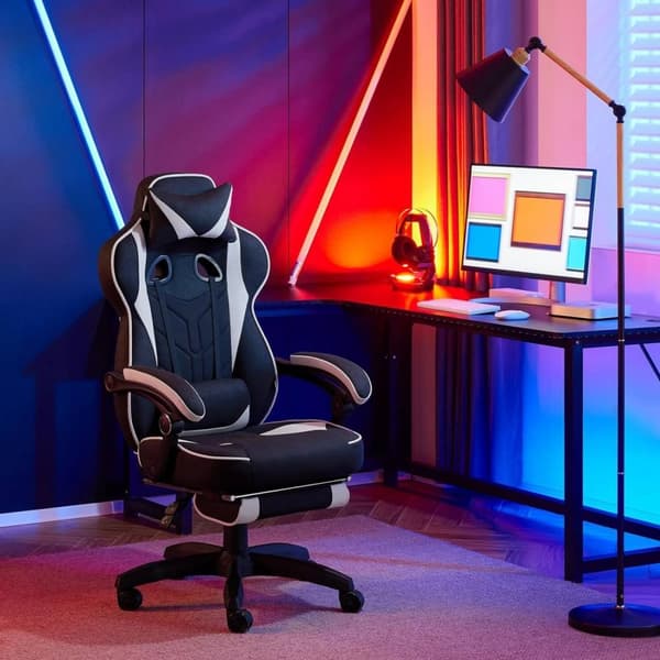 Rootz Gaming stol med fodstøtte - Kontorstol - Justerbart tilbagelænet sæde - Ergonomisk design - Leathaire stof - 55cm x 51cm x 76,5cm