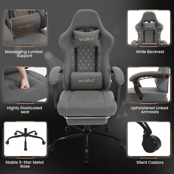 Rootz Massage Gaming Stol - Kontorstol med lændestøtte - Ergonomisk computerstol - Justerbar nakkestøtte - 64cm x 119,5-127cm x 54cm