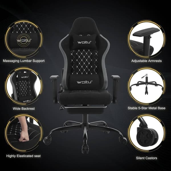 Rootz Massage Gaming Chair - Ergonomisk Gamer Chair - Svankstöd - Andas Tech Tyg - Justerbara armstöd - 50cm x 48cm x 75,5cm