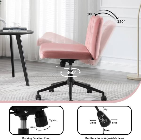 Rootz Velvet Kontorstol - Armløs skrivebordsstol - Diamond Quiltet - Ergonomisk rygstøtte - 64 cm x 50 cm - Stilfuld drejestol - 150 kg