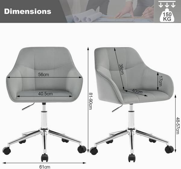 Rootz Velvet Kontorsstol - Skrivbordsstol - Justerbar snurrstol - Ergonomiska sittplatser - Snygg Check Quiltning - Höjd 48-57cm - 61cm x 90cm x 56cm