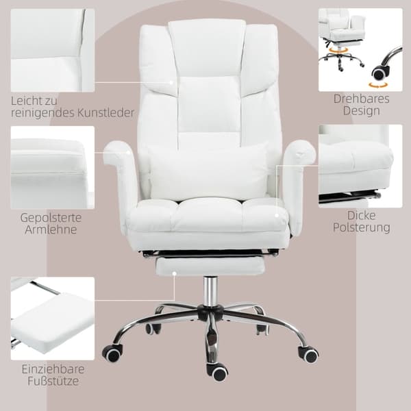Rootz-toimistotuoli - Valkoinen keinonahka - Säädettävä korkeus - Kallistuva selkänoja - Irrotettava ristiselän tyyny - 69W x 65D x 107-115K cm