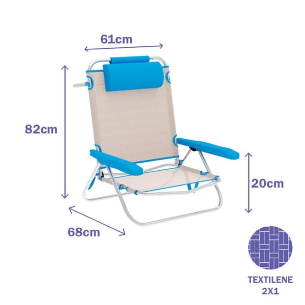 Marbueno Hopfällbar Stol 5 Positioner Aluminium med Kudde Beige/Blå Strand och Pool 61X68X82 cm 10172