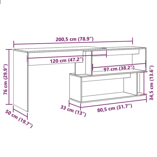 vidaXL Hörnskrivbord gammalt trä 200,5x50x76 cm konstruerat trä