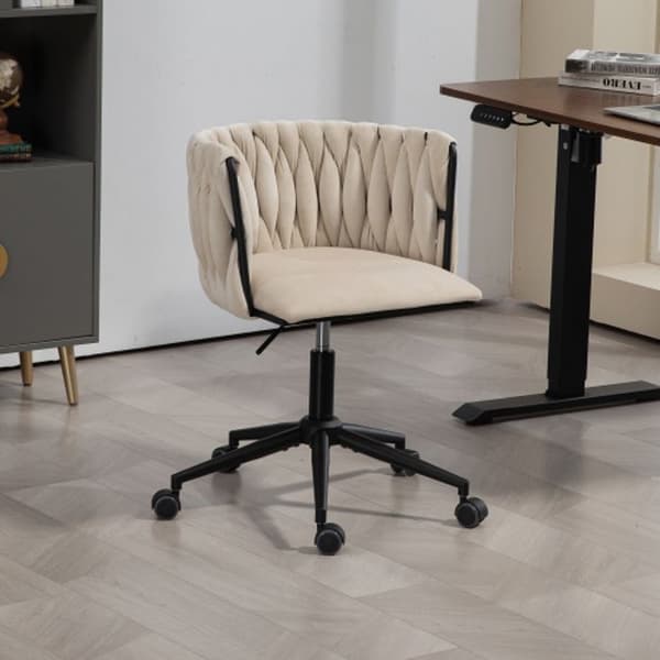 Kontorsstol med sammetslen känsla, 360° vridbar, höjdjustering med en knapptryckning, design med ihåligt kors, beige