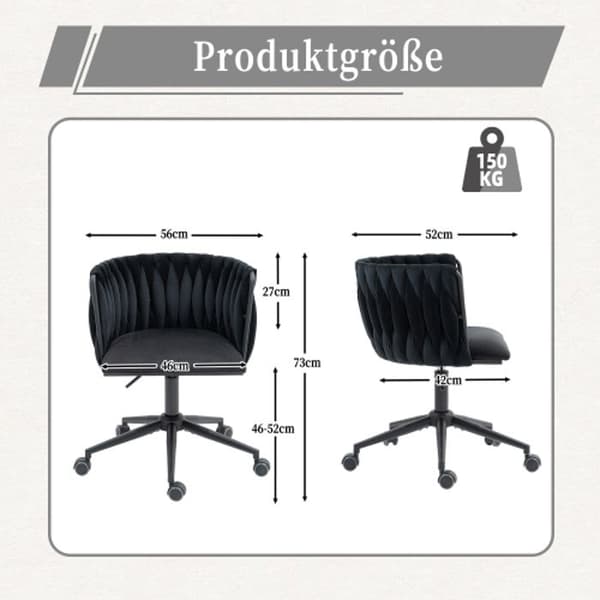 Kontorsstol med sammetslen känsla, 360° vridbar, höjdjustering med en knapptryckning, design med ihåligt kors, svart