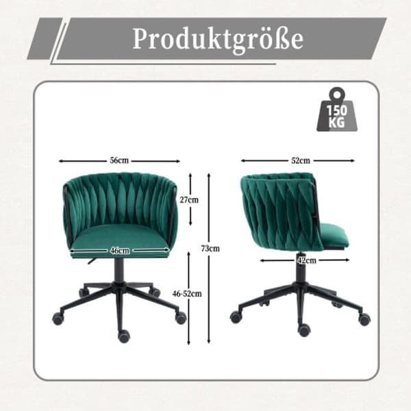 Kontorsstol med sammetslen känsla, 360° vridbar, höjdjustering med en knapptryckning, design med ihåligt kors, grön