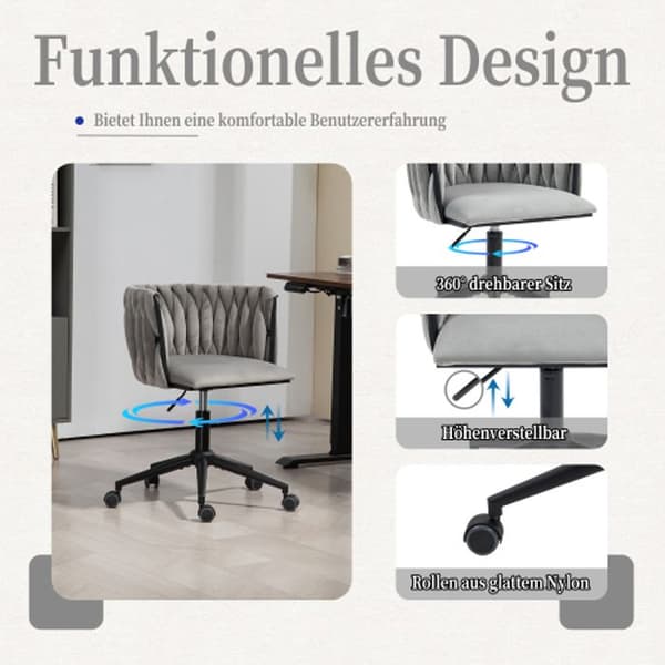Kontorsstol med sammetslen känsla, 360° vridbar, höjdjustering med en knapptryckning, design med ihåligt kors, grå