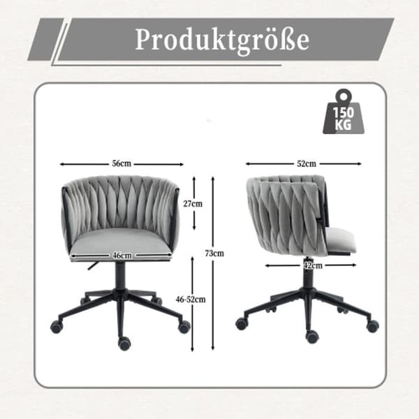 Kontorsstol med sammetslen känsla, 360° vridbar, höjdjustering med en knapptryckning, design med ihåligt kors, grå