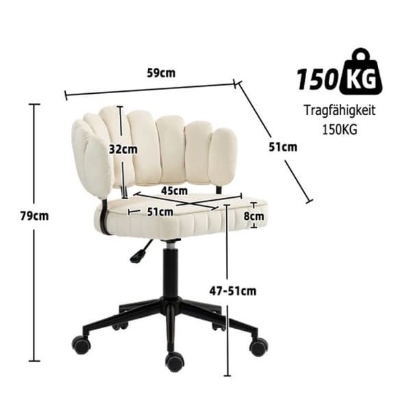 Kontorsstol i sammet, 360° vridbar, höj- och sänkbar, handvävt ryggstöd, vardagsrumsfåtölj på 5 hjul, Beige