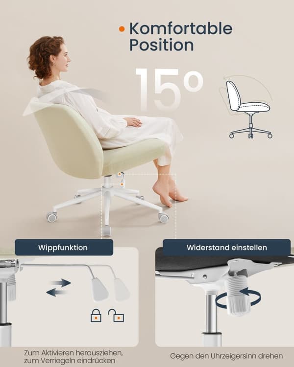 Ergonomisk kontorstol Rootz - Bredt sæde - Cremehvid - Stålstel - Bomuld-hør-blanding - Justerbar højde - 70 cm x 70 cm x 82-90 cm
