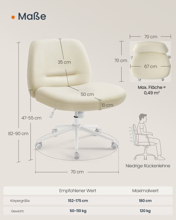 Ergonomisk kontorstol Rootz - Bredt sæde - Cremehvid - Stålstel - Bomuld-hør-blanding - Justerbar højde - 70 cm x 70 cm x 82-90 cm