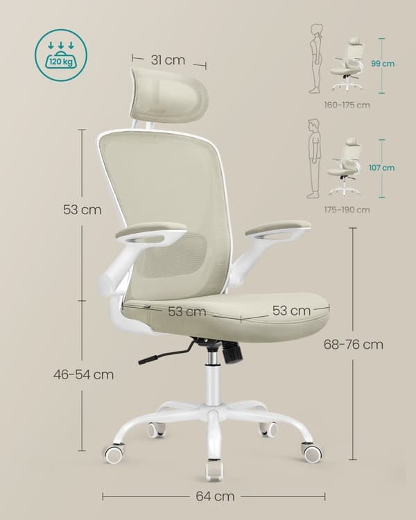 Rootz Ergonomic Office Stol - Mesh - Cappuccino Beige - Plastskum - Nylonstål - 64cm x 64cm x (115-130cm)