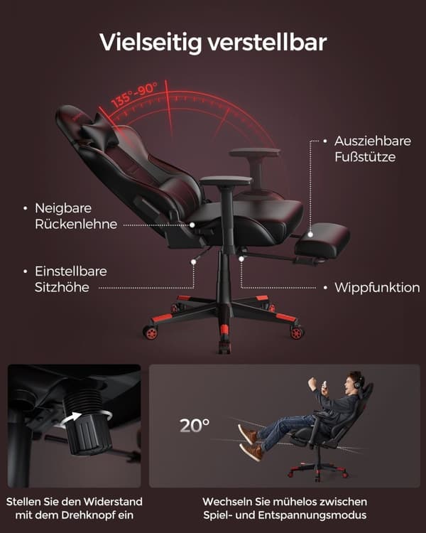 Rootz Ergonomic Office Chair - Lænestol - Lændestøtte - Sort Rød - 65cm x 63cm x 110cm