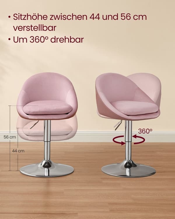 Rootz rosa sammets- och PU-läderstol - Justerbar sits - Ryggstöd - Krombas - 52,5 cm x 50 cm x (81,5-93,5) cm - 6,8 kg