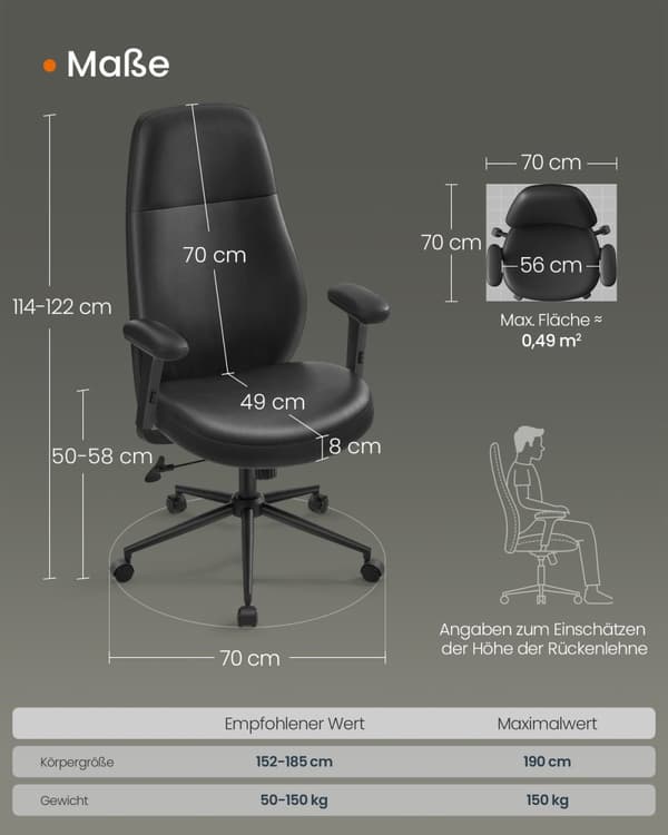Rootz kontorsstol - Snurrstol - Justerbara armstöd - Bläcksvart - Stål & PU - Ergonomisk design - 70cm x 70cm x (114-122)cm