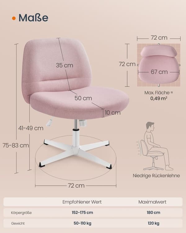 Rootz Pink toimistotuoli - Leveä istuin - Ristijalusta - Teräs ja puuvilla - Pellava - Säädettävä korkeus - 72cm x 72cm x 75-83cm