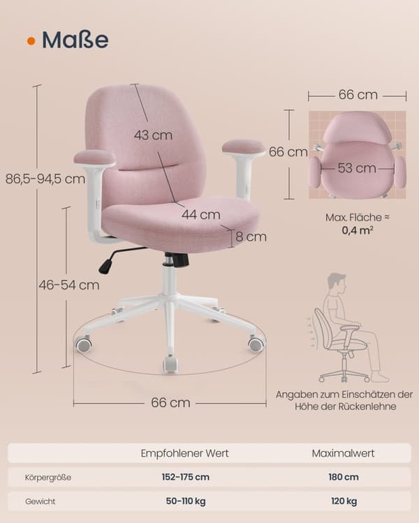 Rootz kontorsstol - Rosa skrivbordsstol - Justerbara armstöd - Stålkonstruktion - Skumstoppning - 66cm x 66cm x (86,5-94,5cm)