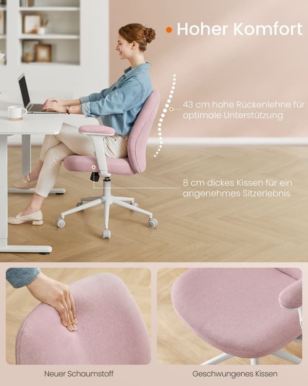 Rootz kontorsstol - Rosa skrivbordsstol - Justerbara armstöd - Stålkonstruktion - Skumstoppning - 66cm x 66cm x (86,5-94,5cm)