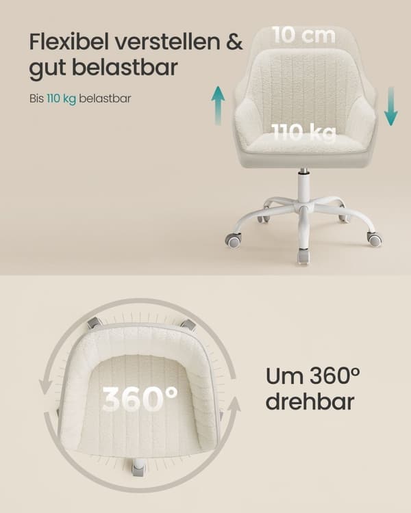 Rootz polstret kontorstol - Cappuccino Beige - Cloud White - Stålstel - Sherpa - Kunstlæder - Ergonomisk design - 62 cm x 62 cm x (83,5-93,5 cm)