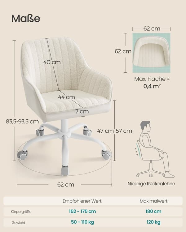 Rootz polstret kontorstol - Cappuccino Beige - Cloud White - Stålstel - Sherpa - Kunstlæder - Ergonomisk design - 62 cm x 62 cm x (83,5-93,5 cm)