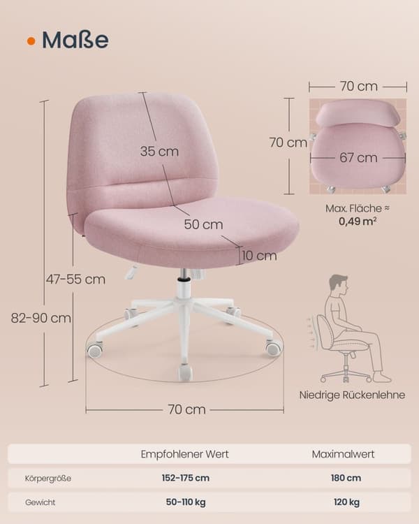 Rootz Wide Seat toimistotuoli - Pastellin vaaleanpunainen pohja - Kääntyvä tuoli - Ergonominen muotoilu - 70cm x 70cm x (82-90cm) - Teräsrunko
