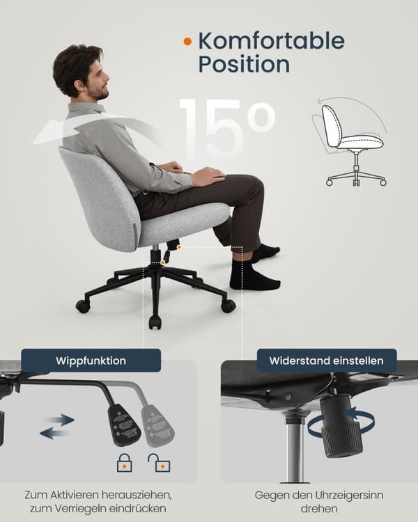 Rootz Wide Seat toimistotuoli - Harmaa tuoli - Ergonominen tuoli - Teräsrunko - Puuvilla-pellavasekoitus - Säädettävä korkeus - 70cm x 70cm x (82-90)c