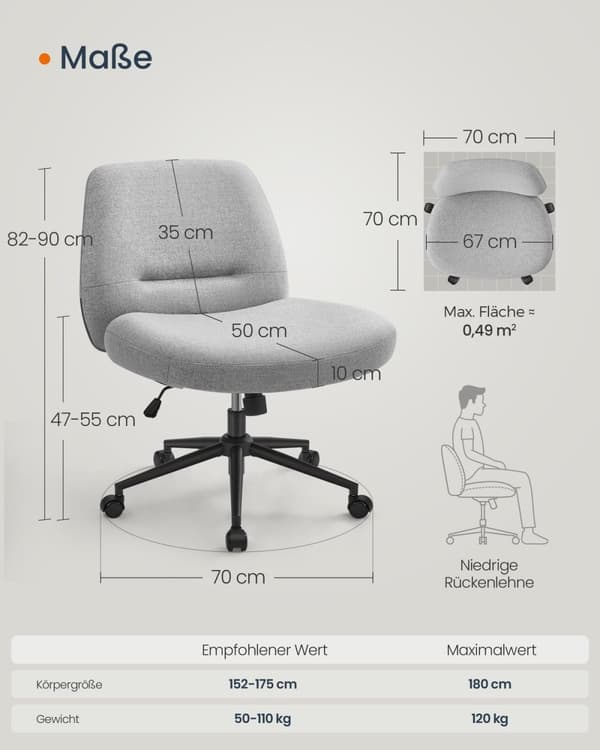 Rootz Wide Seat toimistotuoli - Harmaa tuoli - Ergonominen tuoli - Teräsrunko - Puuvilla-pellavasekoitus - Säädettävä korkeus - 70cm x 70cm x (82-90)c