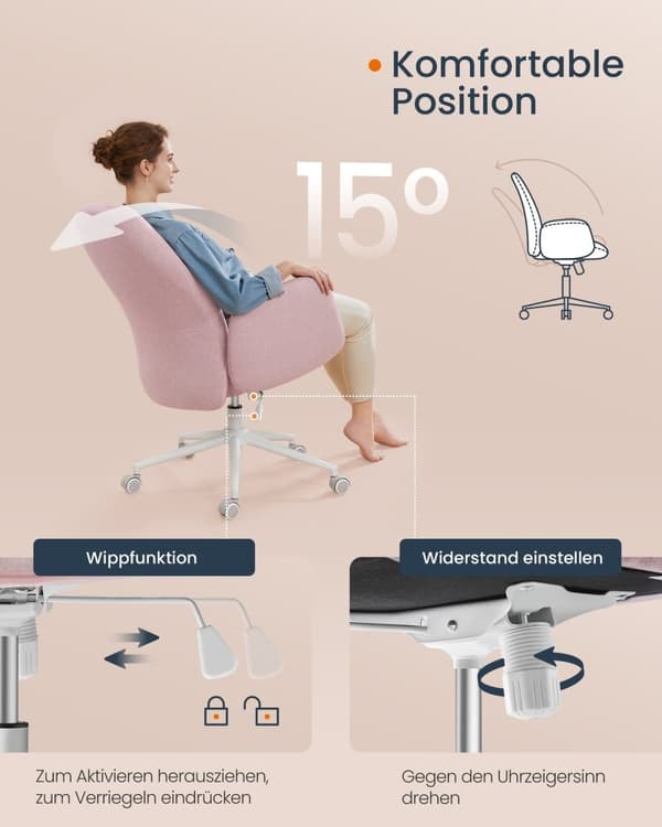 Rootz-kääntötuolin korkeus säädettävissä käsinojilla - Pastellin pinkki - Työtuoli - Ergonominen toimistotuoli - 70cm x 70cm x (101-109cm)