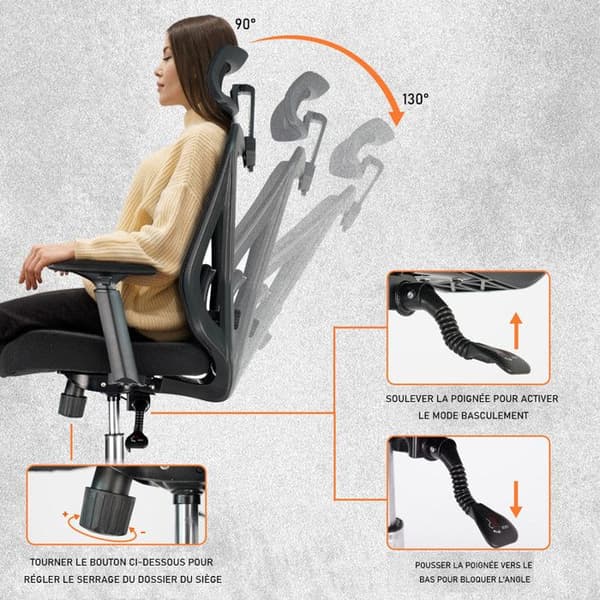 Ergonomisk kontorsstol, snurrstol. Justerbart nackstöd, svankstöd, armstöd.