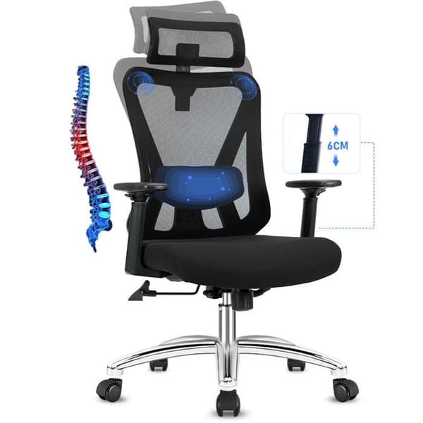 Ergonomisk kontorsstol, snurrstol. Justerbart nackstöd, svankstöd, armstöd.