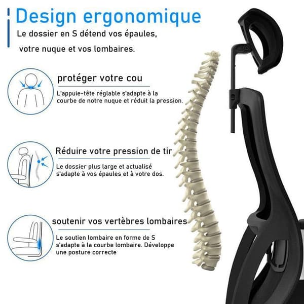 Kontorsstol Ergonomisk stol, ventilerande snurrstol, justerbar funktion, 150 kg, svart
