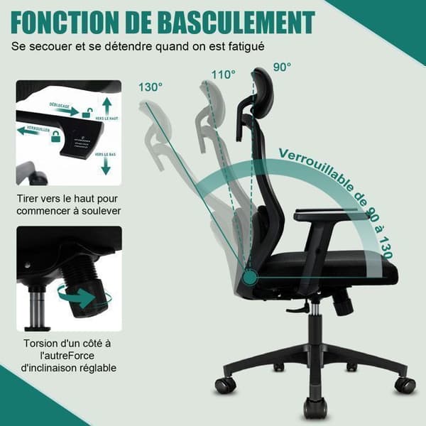 Durrafy Ergonomisk Kontorsstol, Kontorsstol med Huvudstöd och Ryggstöd i Svamp, Höjdjustering 150KG