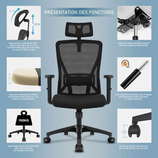 Durrafy ergonomisk kontorsstol med justerbart svankstöd, hjul, kontorsstol justerbart nackstöd och armstöd