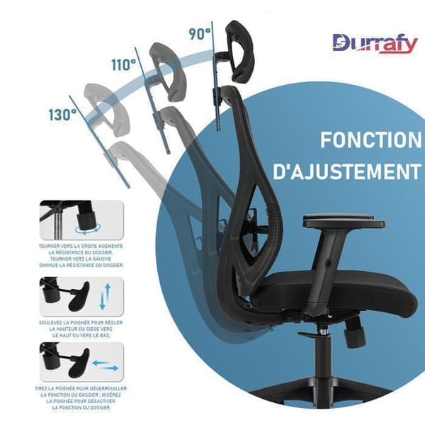 Durrafy ergonomisk kontorsstol med justerbart svankstöd, hjul, kontorsstol justerbart nackstöd och armstöd