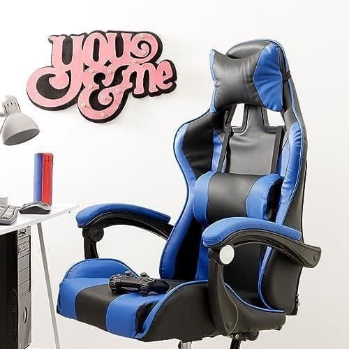 Baroni Home Gaming Stol - Blå - Ergonomisk - Justerbart ryggstöd - Svankstöd