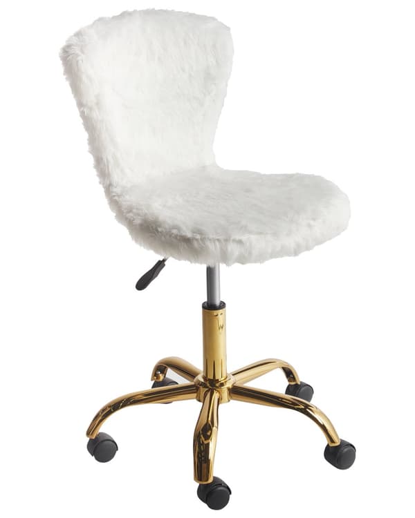 Skrivebordsstol Hvid Kunst Pels Stol med Hjul til Kontor Moderne Drejestol Ergonomisk Design Kontorstol uden Armlæn
